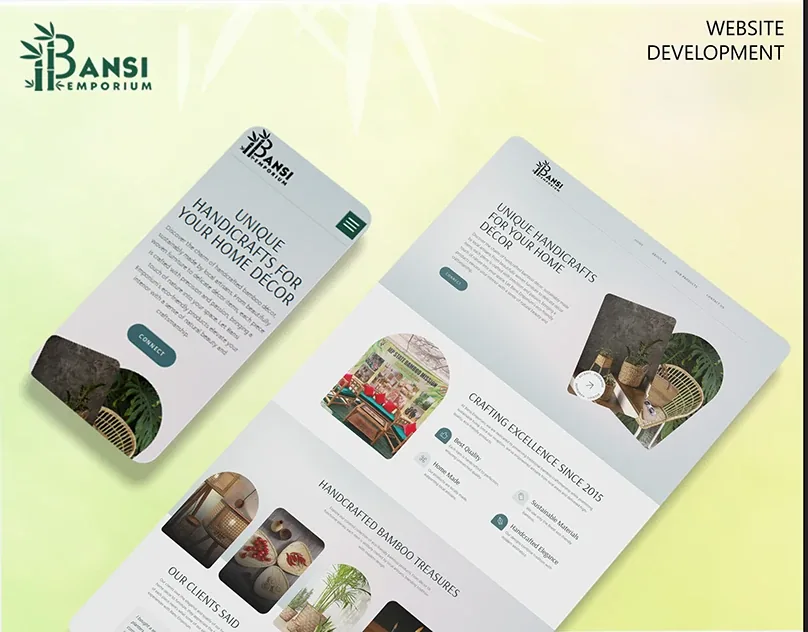 Bansi handicrafts store website shown on a laptop and a phone