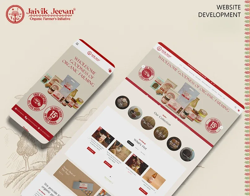 Jaivik Jeevan organic farmers website shown on a laptop and a phone