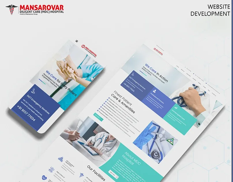 Mansarovar Diligent Care Hospital website shown on a laptop and a phone