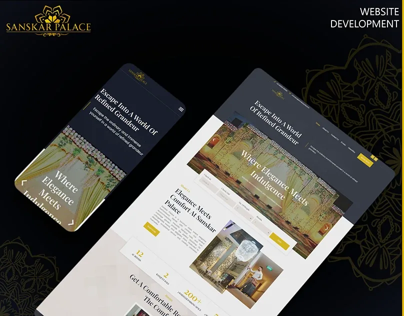 Sanskar Palace website shown on a laptop and a phone